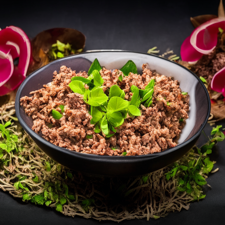 Larb Neua (Thai Minced Beef Salad) with beef pieces as the main focus, in a bowl, decorated with Thai ornaments, under bright studio lighting