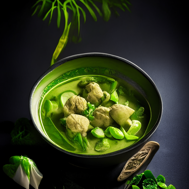 Green Curry (Gaeng Keow Wan) in a bowl, decorated with Thai ornaments, under bright studio lighting