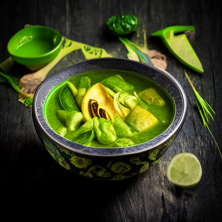 Green Curry (Gaeng Keow Wan) in a bowl, decorated with Thai ornaments, under bright studio lighting