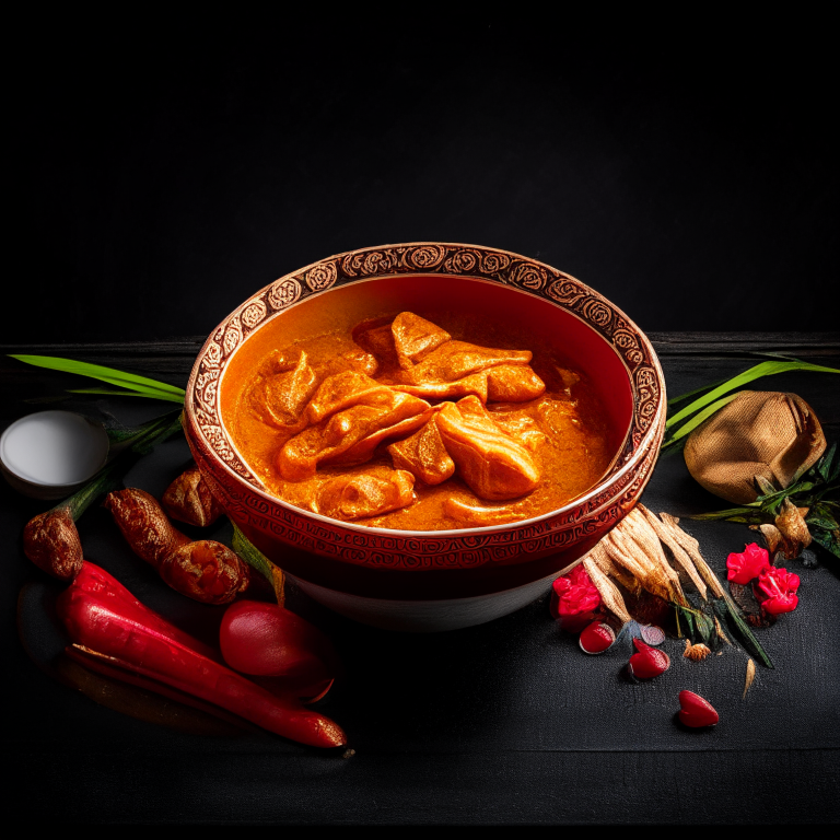 Red Curry (Gaeng Phed) in a bowl, decorated with Thai ornaments, under bright studio lighting