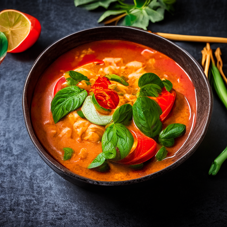 Red Curry (Gaeng Phed) in a bowl, garnished with basil and chili, decorated with Thai ornaments, under bright studio lighting