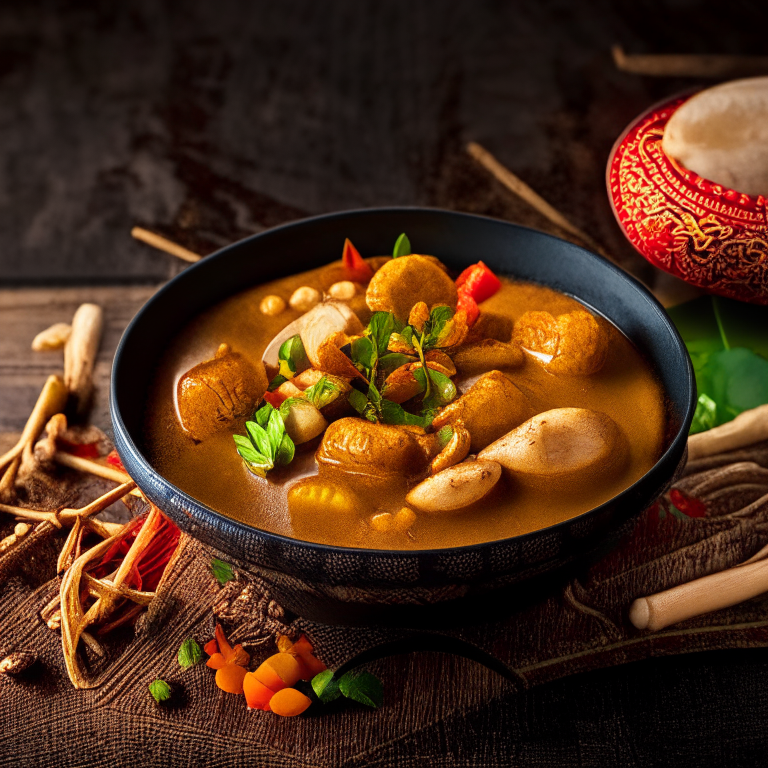 Massaman Curry (Gaeng Massaman) in a bowl, decorated with Thai ornaments, under bright studio lighting