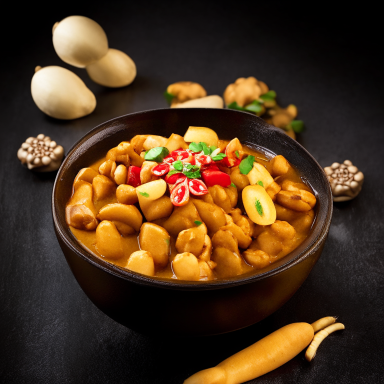 Massaman Curry (Gaeng Massaman) in a bowl, garnished with potatoes, peanuts and chili, decorated with Thai ornaments, under bright studio lighting