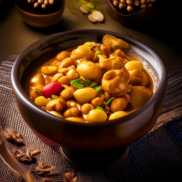 Massaman Curry (Gaeng Massaman) in a bowl, garnished with potatoes, peanuts and chili, decorated with Thai ornaments, under bright studio lighting