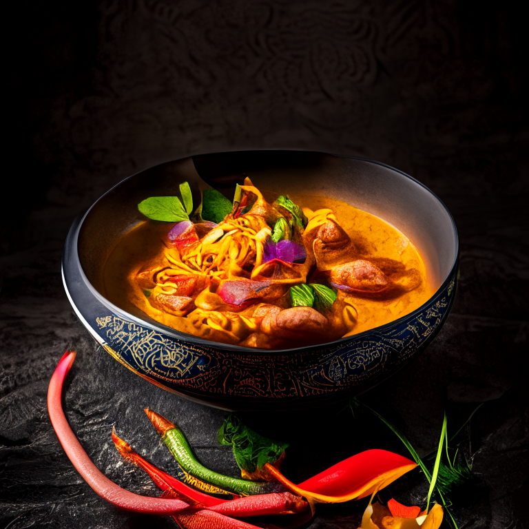 Panang Curry (Gaeng Panang) in a bowl, decorated with Thai ornaments, under bright studio lighting