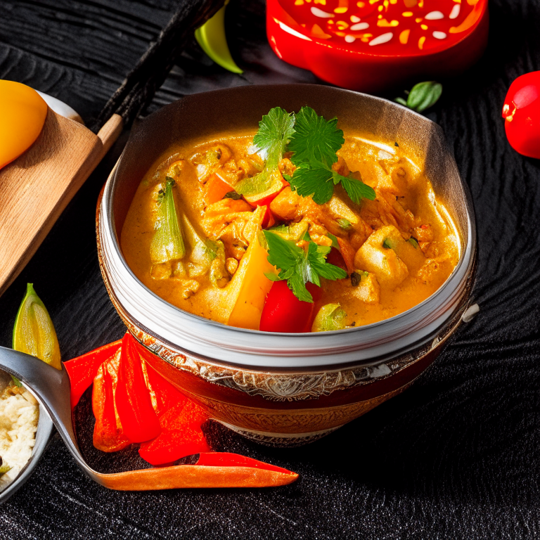 Panang Curry (Gaeng Panang) in a bowl, garnished with bell peppers and chili, decorated with Thai ornaments, under bright studio lighting