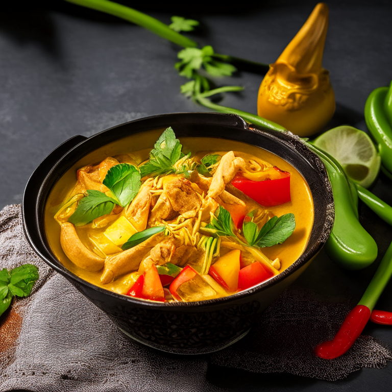 Panang Curry (Gaeng Panang) in a bowl, garnished with bell peppers, chili and lime, decorated with Thai ornaments, under bright studio lighting