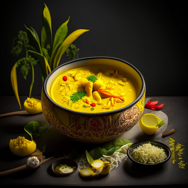 Yellow Curry (Gaeng Karee) in a bowl, decorated with Thai ornaments, under bright studio lighting