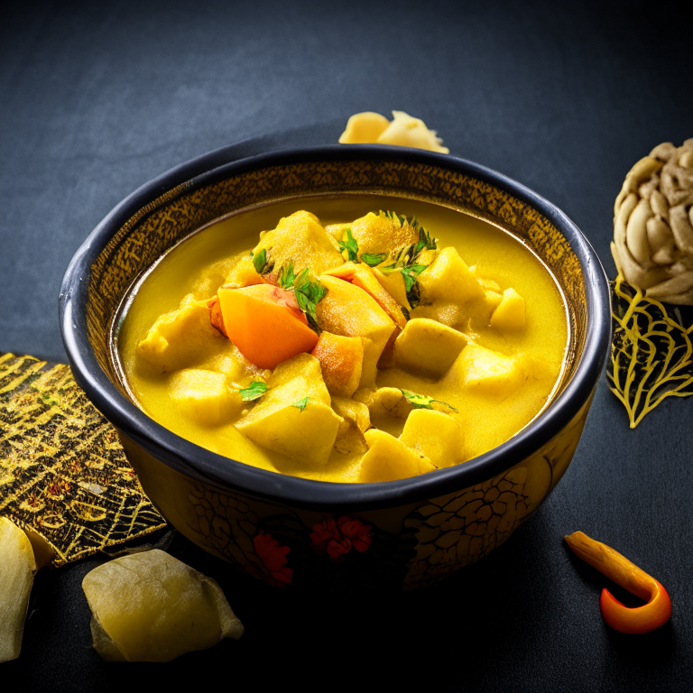 Yellow Curry (Gaeng Karee) in a bowl, garnished with potatoes and chili, decorated with Thai ornaments, under bright studio lighting