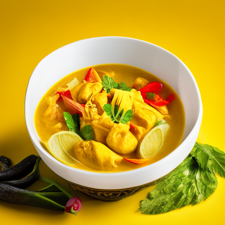 Yellow Curry (Gaeng Karee) in a bowl, garnished with bell peppers, chili and lime, decorated with Thai ornaments, under bright studio lighting