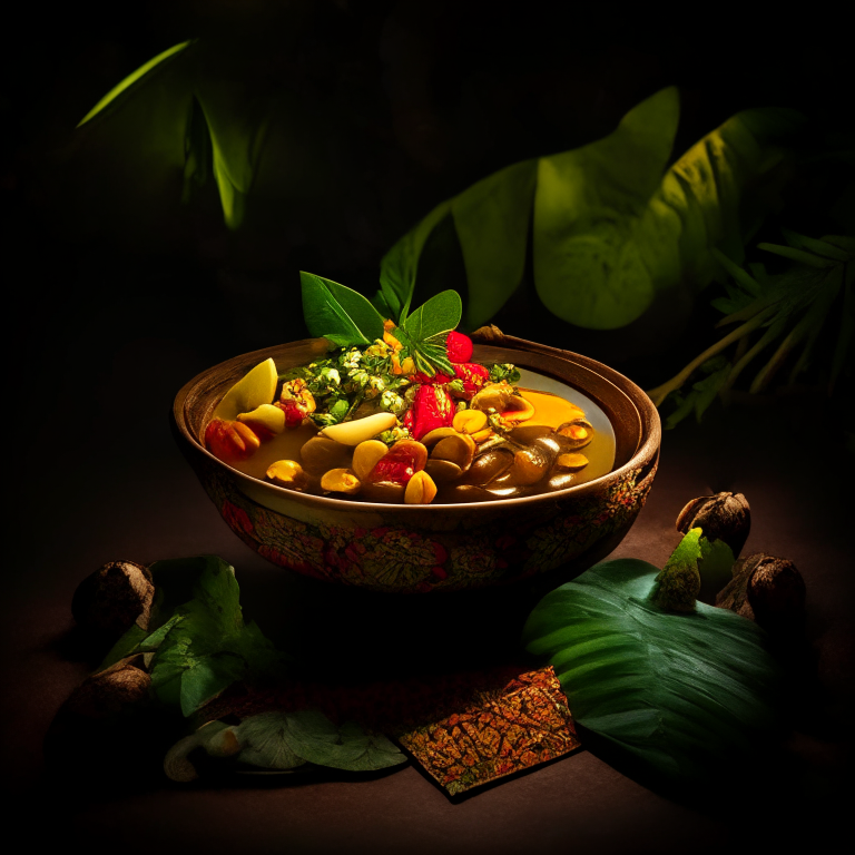 Jungle Curry (Gaeng Pah) in a bowl, decorated with Thai ornaments, under bright studio lighting