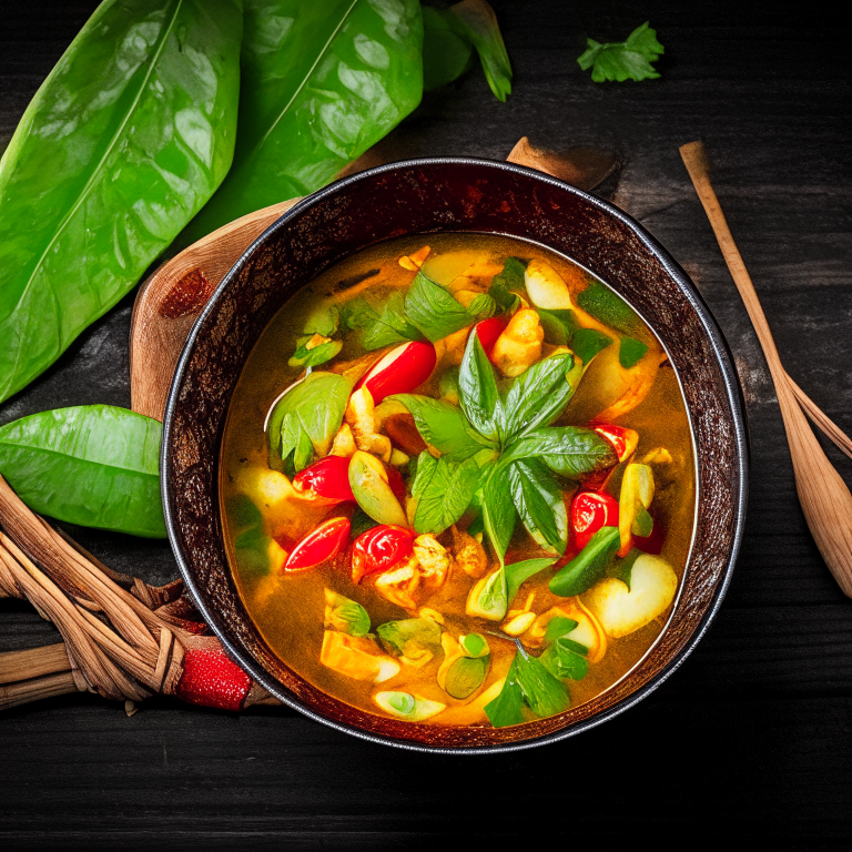 Jungle Curry (Gaeng Pah) in a bowl, garnished with bell peppers, chili, basil and lime, decorated with Thai ornaments, under bright studio lighting
