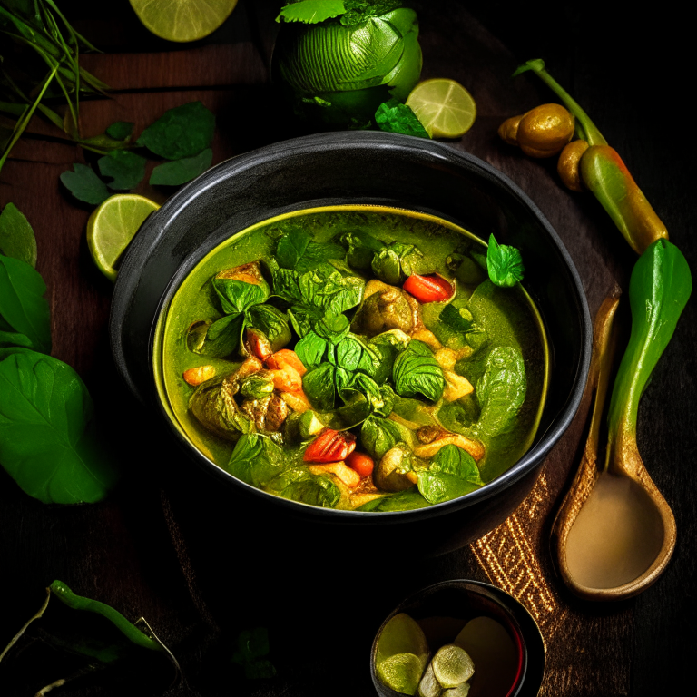 Jungle Curry (Gaeng Pah) in a bowl, garnished with chili, basil and lime, decorated with Thai ornaments, under bright studio lighting
