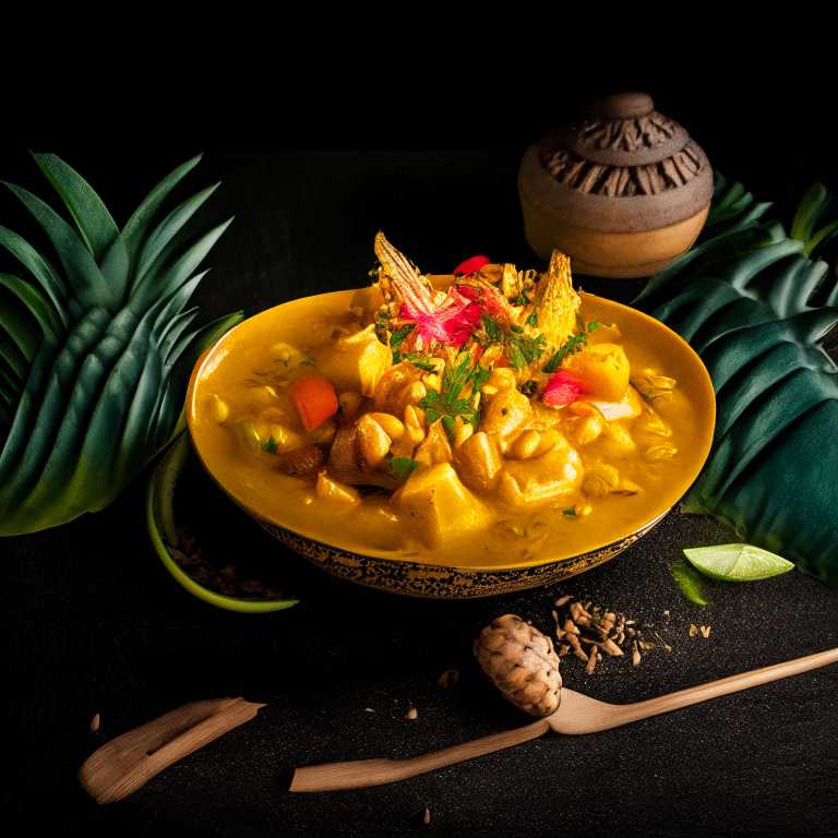 Pineapple Curry (Gaeng Kua Sapparot) in a bowl, decorated with Thai ornaments, under bright studio lighting
