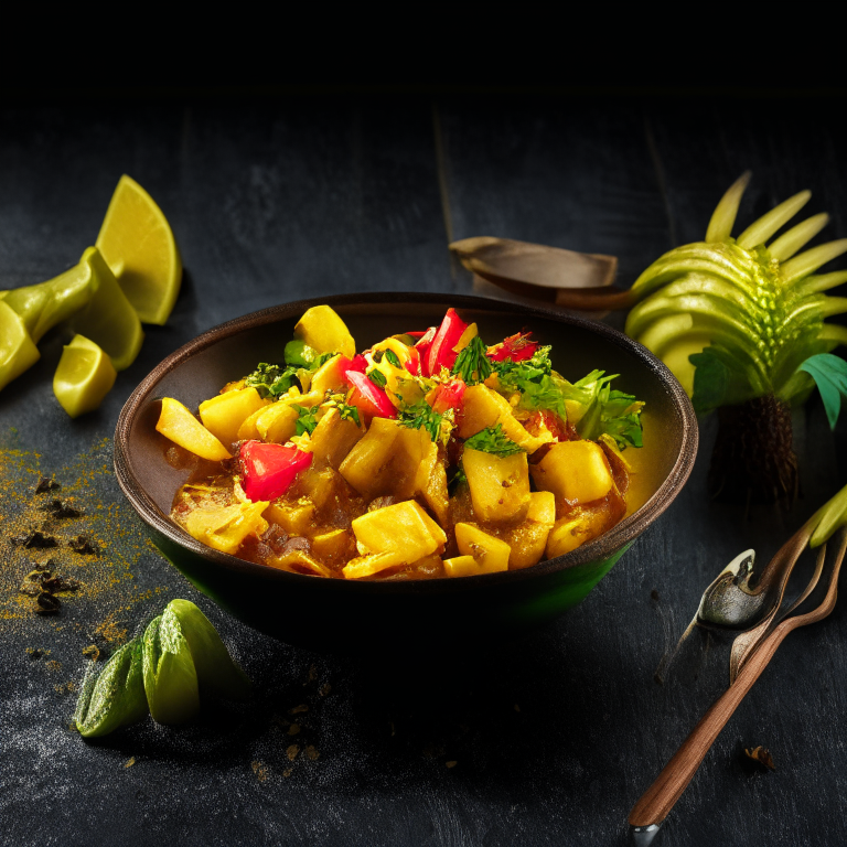 Pineapple Curry (Gaeng Kua Sapparot) in a bowl, garnished with pineapple, chili and lime, decorated with Thai ornaments, under bright studio lighting