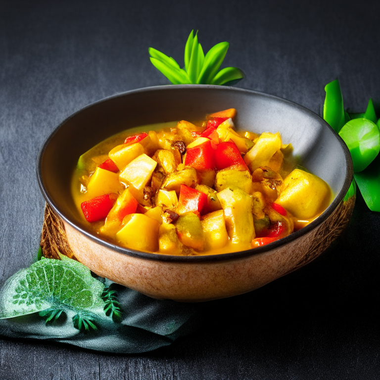 Pineapple Curry (Gaeng Kua Sapparot) in a bowl, garnished with bell peppers, pineapple, chili and lime, decorated with Thai ornaments, under bright studio lighting