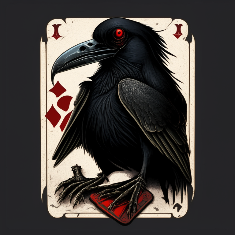 logo of a macabre crow holding a playing card in its beak