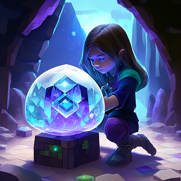 Sorceress lab psychic crystal ball , kid using the crystall ball to play Minecraft, 1 Rock nether portal.