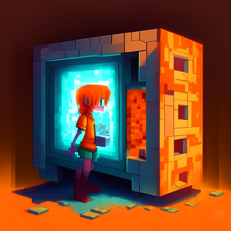 Orange hair girl playing Minecraft on a fridge ,nether portal