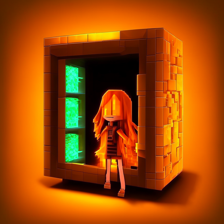 Nether portal evening machine fridge, Minecraft, orange hair girl, blue glow, purple glow, yellow glow, green glow, with a portal to the nether realm open!. Nether portal evening machine fridge, Minecraft, orange hair girl, blue glow, purple glow, yellow glow, green glow