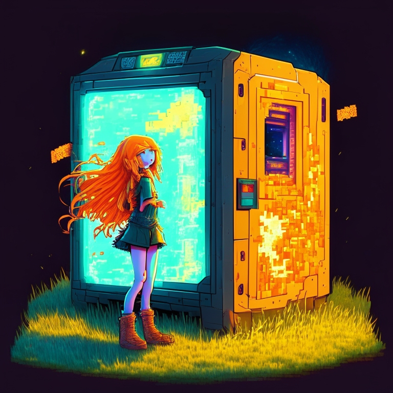 16-bit nether portal, girl orange hair, windy grass, glowing vending machine