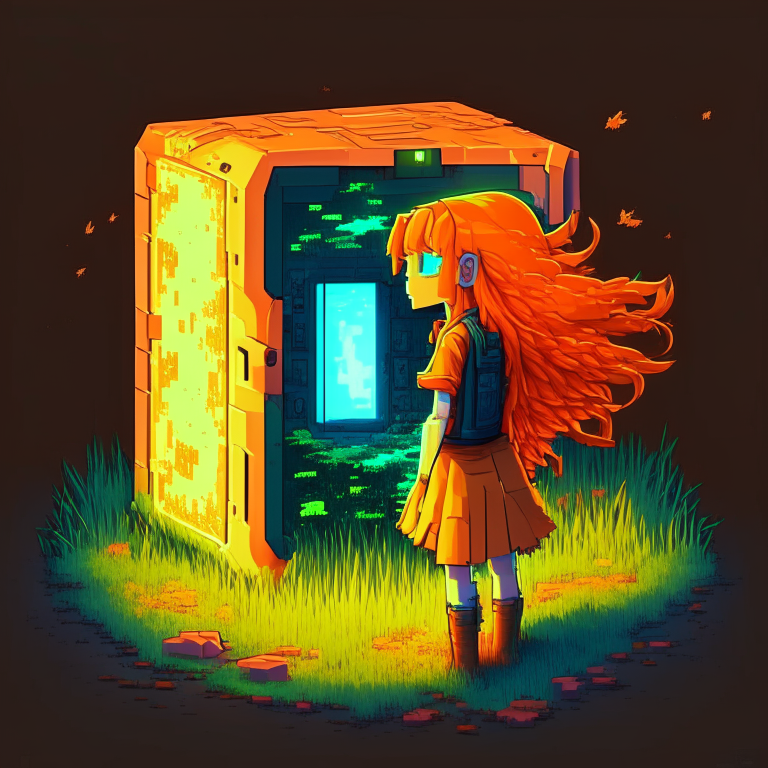 16-bit nether portal, girl orange hair, windy grass, glowing vending machine, add 8k shader