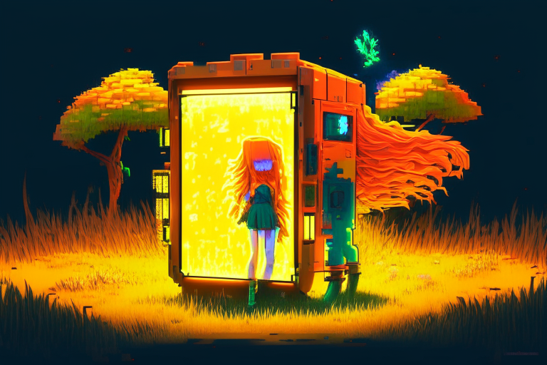 16-bit nether portal, girl orange hair, windy grass, glowing vending machine, add 8k shader