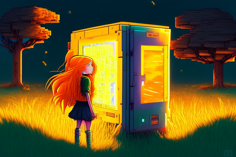 16-bit nether portal, girl orange hair, windy grass, glowing vending machine, add 8k shader