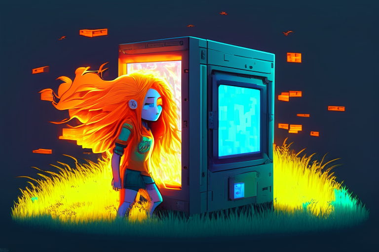 16-bit nether portal, girl orange hair, windy grass, glowing vending machine, add 8k shader