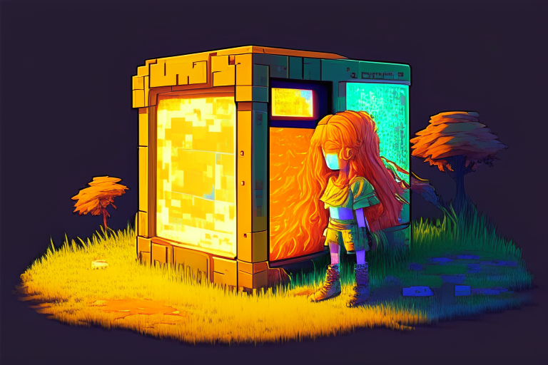 16-bit nether portal, girl orange hair, windy grass, glowing vending machine, add 8k shader