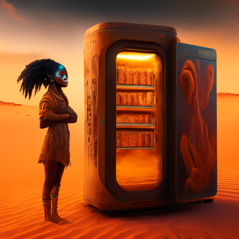 African girl, nether portal vending machine, bed, desert, 8k