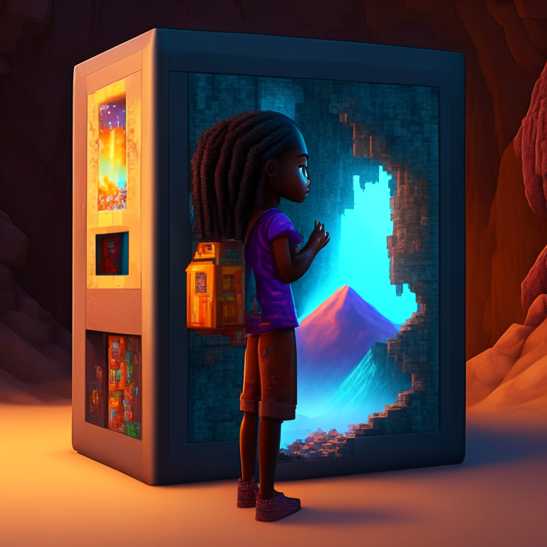 African american girl, nether portal ,Minecraft, vending machine, Tibet mountain, bed, 8k