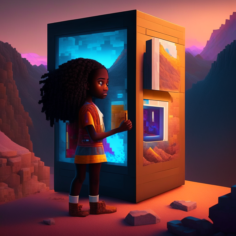 African american girl, nether portal ,Minecraft, vending machine, Tibet mountain, bed, 8k