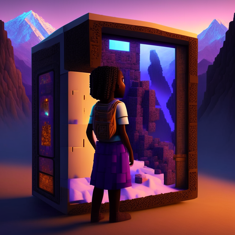 African american girl, nether portal ,Minecraft, vending machine, Tibet mountain, bed, 8k
