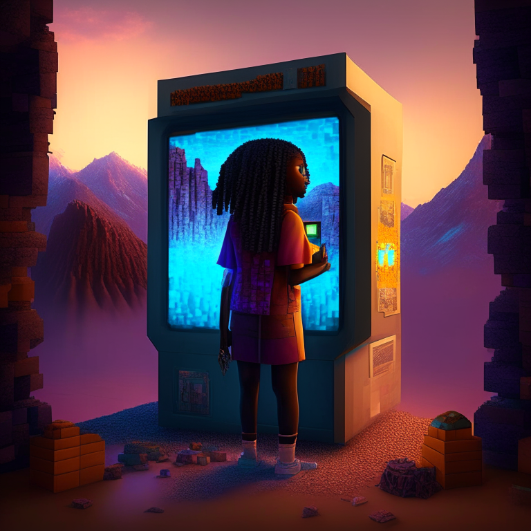 African american girl, nether portal ,Minecraft, vending machine, Tibet mountain, bed, 8k