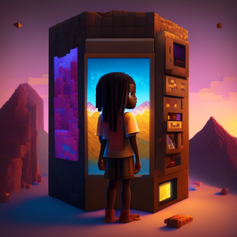 African american girl, nether portal ,Minecraft, vending machine, Tibet mountain, bed, 8k