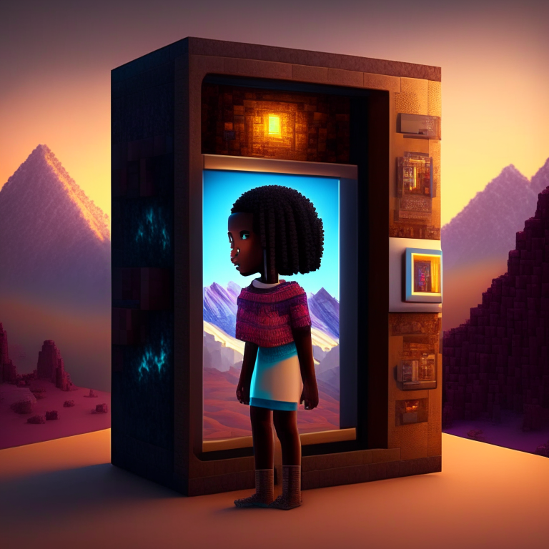 African american girl, nether portal ,Minecraft, vending machine, Tibet mountain, bed, 8k