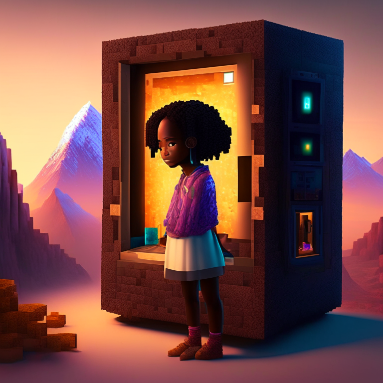 African american girl, nether portal ,Minecraft, vending machine, Tibet mountain, bed, 8k