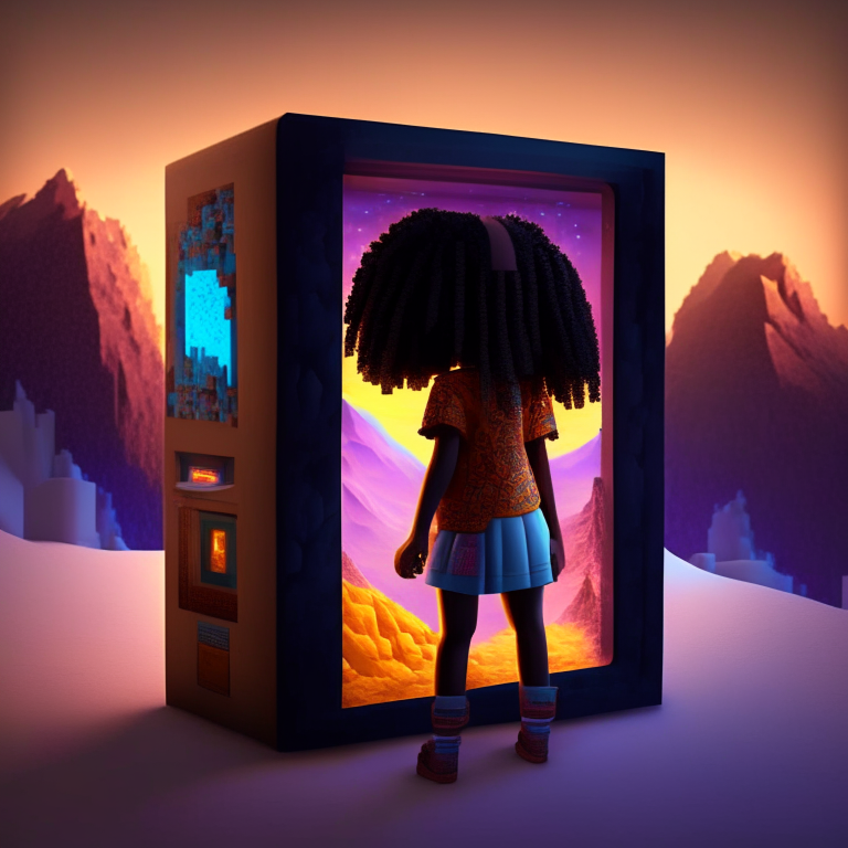 African american girl, nether portal ,Minecraft, vending machine, Tibet mountain, bed, 8k