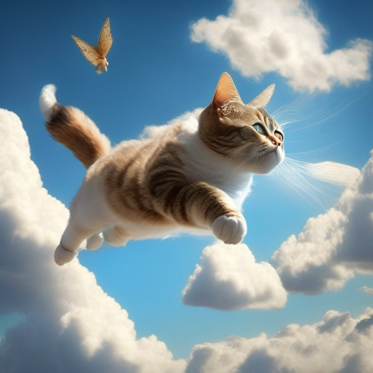 Un gato volador con alas de hada volando sobre un fondo de nubes de algodón de azúcar