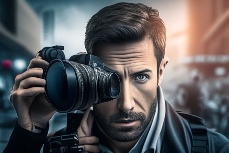 journaliste with camera Background
 ultra realistic, 4k, cinematic,