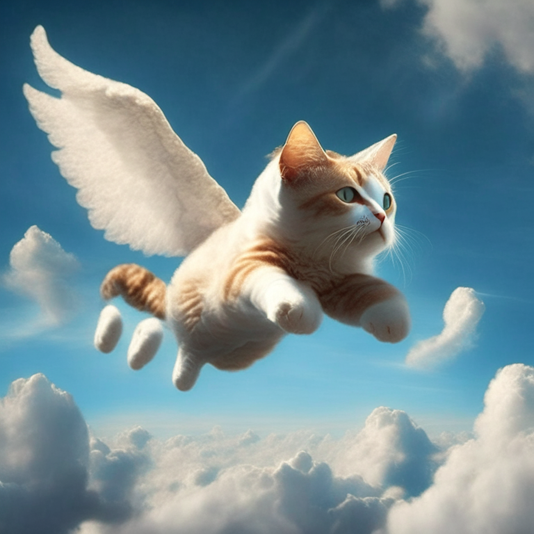 Un gato volador con alas de hada, volando sobre un fondo de nubes de algodón de azúcar