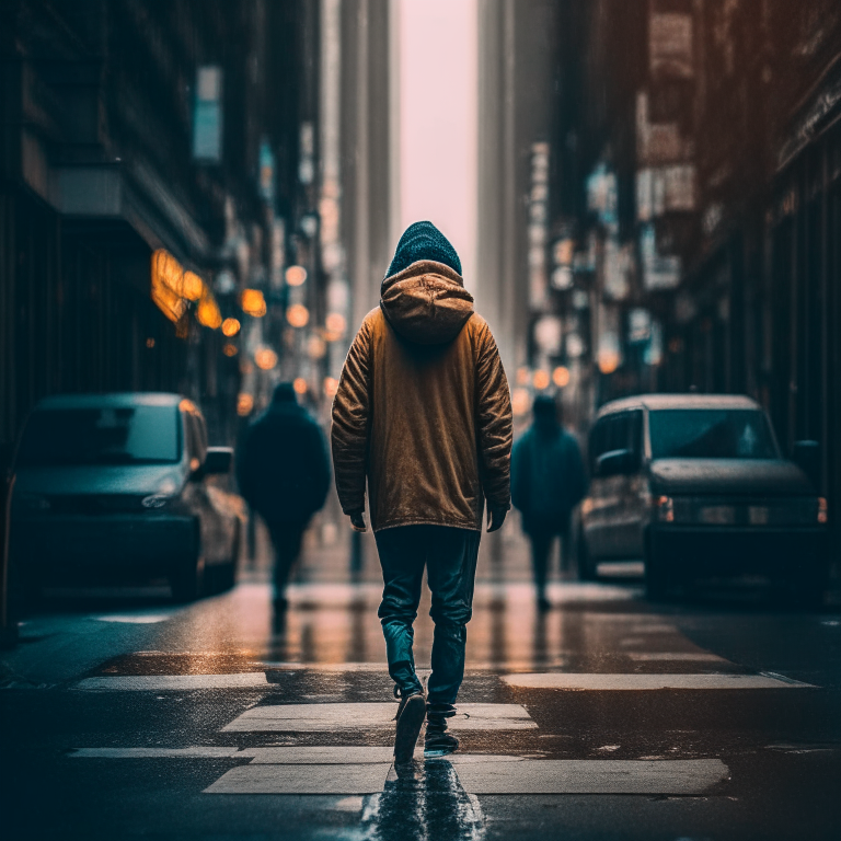 A photo of a person standing on the street of life