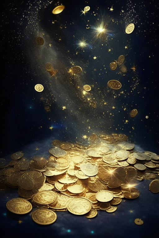 Prosperity filled with gold and silver coins in the starry universe full of abundance.