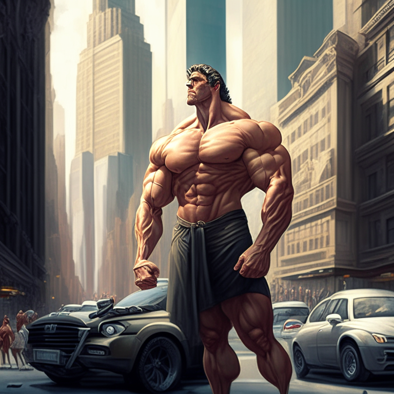  muscular stoic philosopher in a very busy city with tall skyscrapers and fancy cars