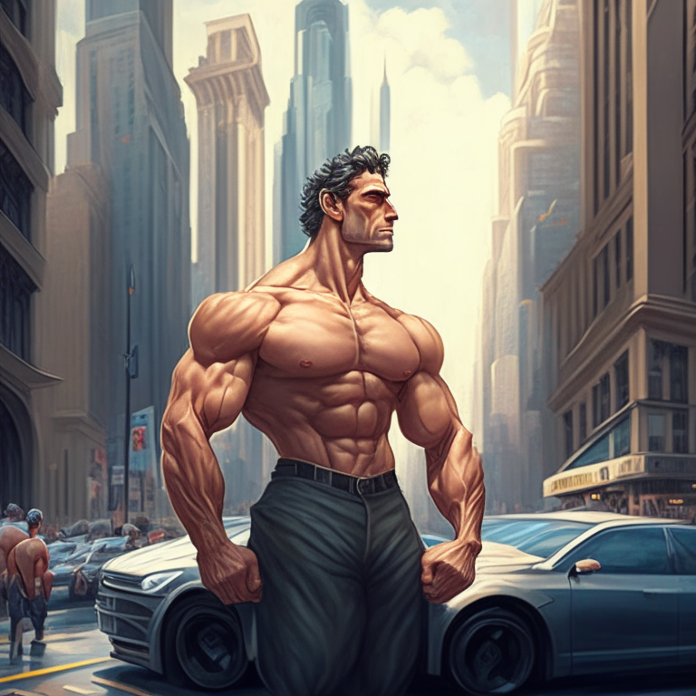  semi-muscular stoic philosopher in a very busy city with tall skyscrapers and fancy cars