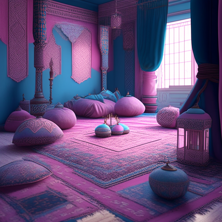 a square room with Persian rugs, cushions and lanterns in pink and blue pastel tones, in the style of Prince of Persia 3D