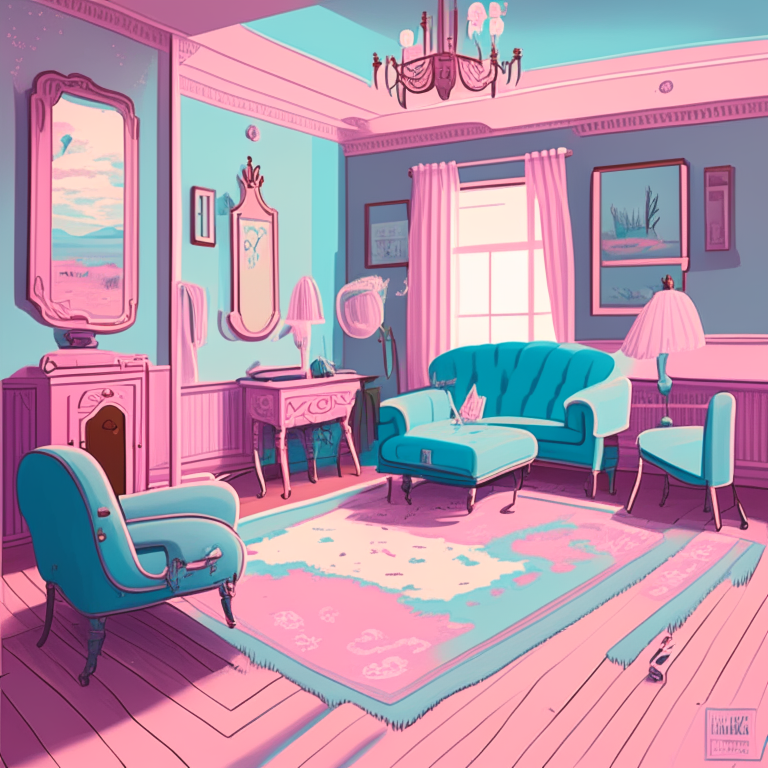 a square room with vintage furniture, rugs and decor in pink and blue pastel tones, in the style of Rangeland Romances comic book covers