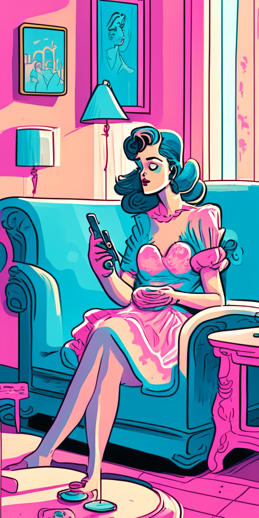 a bright room with colorful vintage furniture and decor in pink and blue pastel tones, in the style of Rangeland Romances comic book covers. A beautiful woman in a pink and blue pastel dress sits on the sofa looking at her smartphone.
