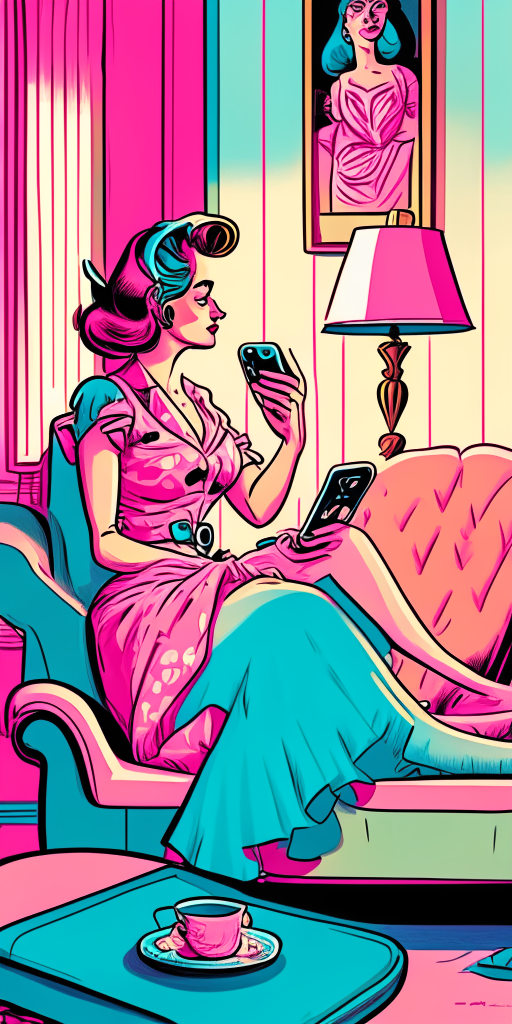 a bright room with colorful vintage furniture and decor in pink and blue pastel tones, in the style of Rangeland Romances comic book covers. A beautiful woman wearing a pink dress sits on the sofa looking at her smartphone.